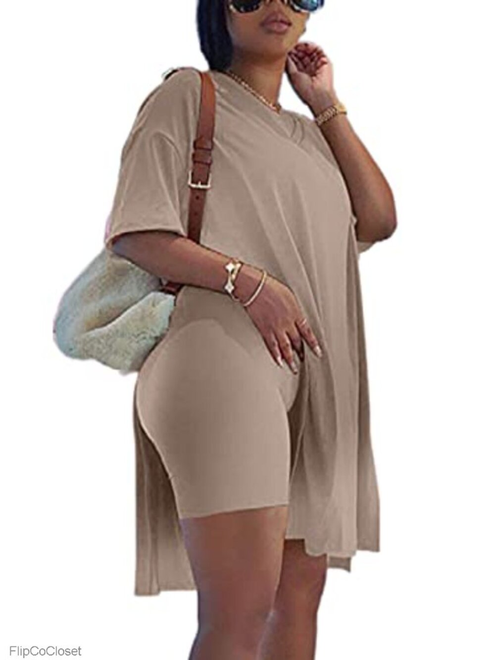 Women Plus Size 2 Piece Short Set Cotton Blend V Neck Top Biker Shorts